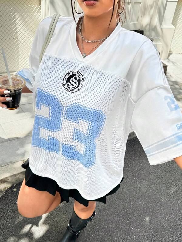 SHEIN EZwear Plus Size Summer Casual Contrast Color Numeric Print T-Shirt