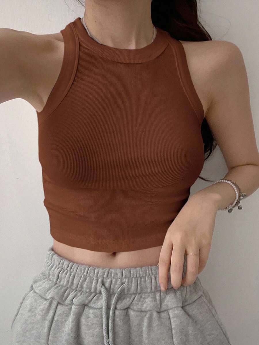 DAZY Áo ba lỗ thể thao ngắn màu trơn dành cho nữ - Rỉ Nâu - Xem 1