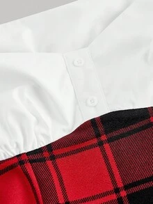 SHEIN MOD فستان طويل الأكمام تفتيش 2 في 1 مناسب للنساء، فستان رجعي، طقم عودة للمدرسة - ابيض واحمر - مشاهدة 5