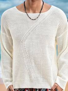 Manfinity VCAY 男士镂空圆领长袖不对称针织秋季毛衣男士针织上衣男士毛衣上衣男士休闲上衣男士钩针上衣男士开放式针织秋季毛衣，冬季 - 白色 - 查看 3