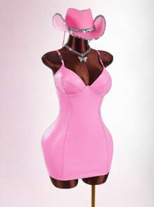 Amplova 金属链条装饰粉色 PU 抹胸紧身迷你连衣裙