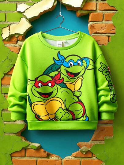 TEENAGE MUTANT NINJA TURTLES | SHEIN Young Boy Cartoon Turtle Print Green Casual & Cute Long Sleeve Crew Neck Sweatshirt Fall Winter