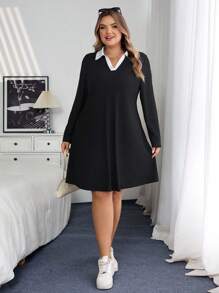 SHEIN CURVE+ Curves 大码/学校服装/返校服装/返校休闲百搭撞色领大码连衣裙大码长袖连衣裙大码工作服 8xl 女装大码黑色连衣裙女式大码连衣裙秋季女士服装、冬季、CURVE PLUS - 黑色 - 查看 8