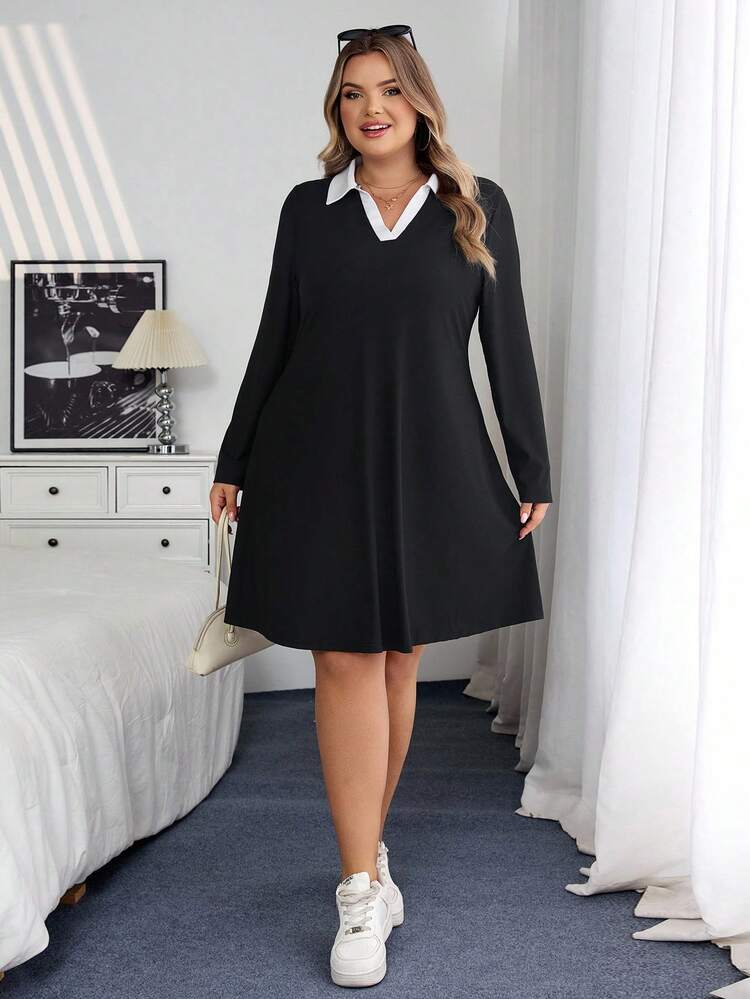 SHEIN CURVE+ Curves 大码/学校服装/返校服装/返校休闲百搭撞色领大码连衣裙大码长袖连衣裙大码工作服 8xl 女装大码黑色连衣裙女式大码连衣裙秋季女士服装、冬季、CURVE PLUS - 黑色 - 查看 8