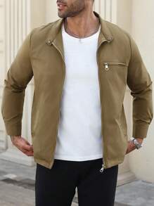 Manfinity Homme Men's Plus Size Zip Up High Neck Khaki Jacket,Autumn Casual Work Basic Long Sleeve Baseball Jacket,Lightweight Outgoing Gift For Friends,Husband - Coffee Brown - View 5