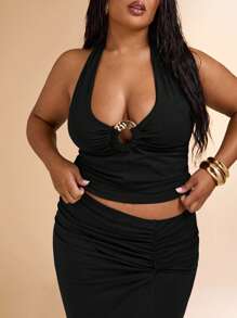 SHEIN BAE Conjunto de 2 piezas de talla grande para mujer, compuesto por top corto de malla tejida con textura 3D con flores y falda lápiz transparente con cintura anudada, ideal para vacaciones, Día de San Valentín, dama de honor, vestido mini blanco, graduación y regreso a la escuela