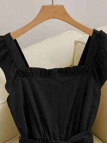 Franclia 女式春夏方领荷叶边盖袖收腰高腰系带蝴蝶结连体裤，修身 - 黑色 - 查看 7