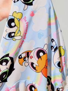 THE POWERPUFF GIRLS X SHEIN 女士蓝色短袖上衣和短裤睡衣套装，可爱卡通，泡泡、花朵、毛茛、云朵彩虹图案，梦幻、基本款休闲又酷炫，女士返校装，返校，学校上衣，基本款上衣，秋冬 - 藍色 - 查看 7