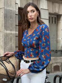 Chiquease Áo sơ mi tay loe cài nút peplum phía trước dành cho nữ lấy cảm hứng từ Ins Quần áo cho trường đại học Vải mùa thu dành cho nữ - Màu xanh lam - Xem 3