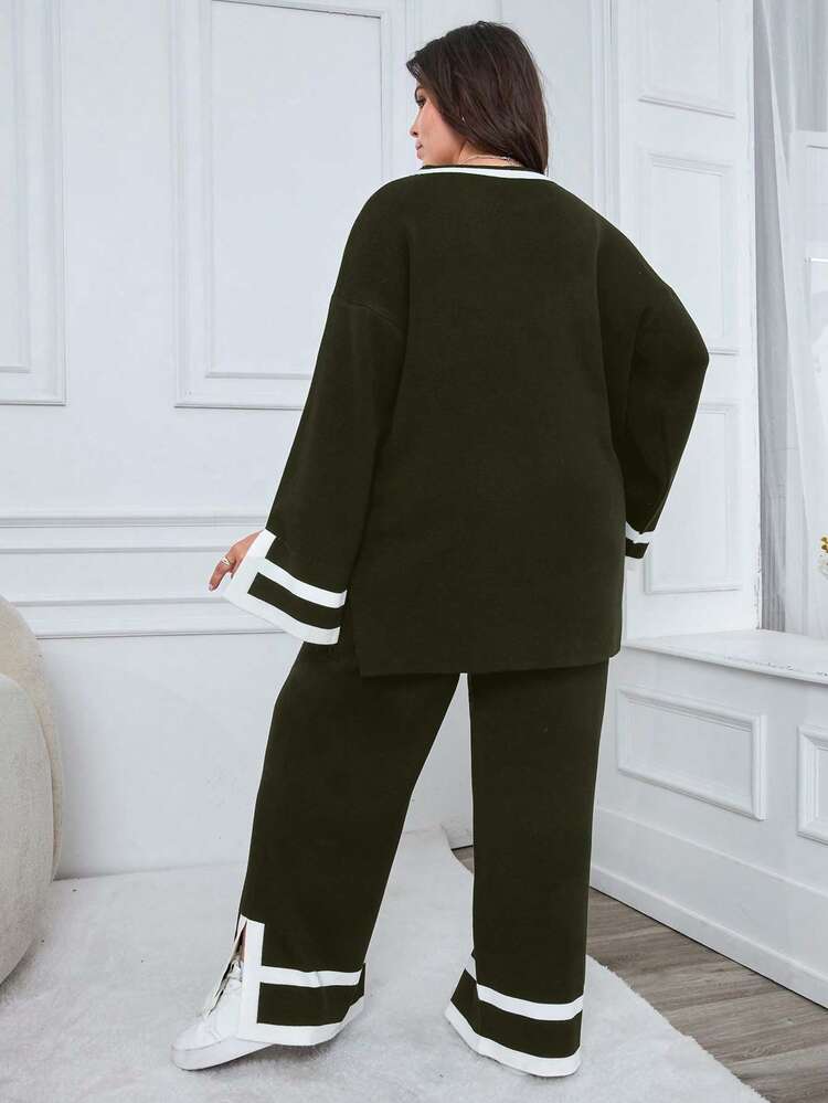 EURMUSE 1pc Contrast Trim Drop Shoulder Sweater & 1pc Knit Pants - Army Green - View 2