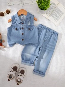 SHEIN 男婴休闲百搭牛仔背心外套+牛仔裤套装，2件套，舒适百搭，适合室内、室外、日常、运动、玩耍、派对、拍照、度假等各种场合，春、夏、秋、冬四季皆宜。男婴牛仔套装，夏季男童服装，男童套装，男婴服装。 - 藍色 - 查看 3