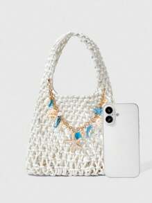 ROMWE Fairycore 1 Peça Bolsa de Praia Tecida com Conchas do Oceano Azul e Estrela do Mar, Estilo de Férias, Incluindo 1 Bolsa e 1 Conjunto de Acessórios, Para Mulheres, Primavera/Verão - Branco - Visão 5