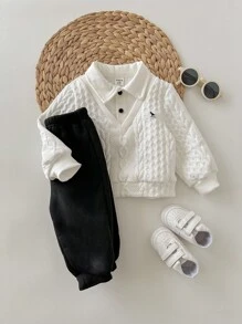 2 件套男童/女童休闲学院风可爱卡通印花衬衫领运动衫和松紧腰黑色裤子套装，适合秋冬季幼儿园