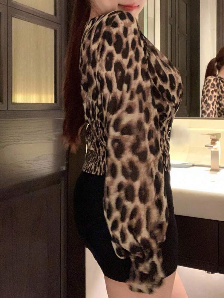 Dazy Plus Plus Size V-Neck Chiffon Leopard Print Wrap Around Flared Sleeve Cropped Long Sleeve Shirt