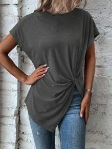 SHEIN LUNE Summer Casual Solid Color Twist Asymmetrical Hem T-Shirt