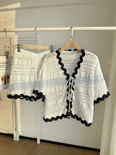 Comfortcana 2 piezas Conjunto de suéter corto de malla calada de talla grande