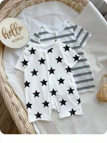 SHEIN 新生儿男女款图案印花连体衣，适合夏季