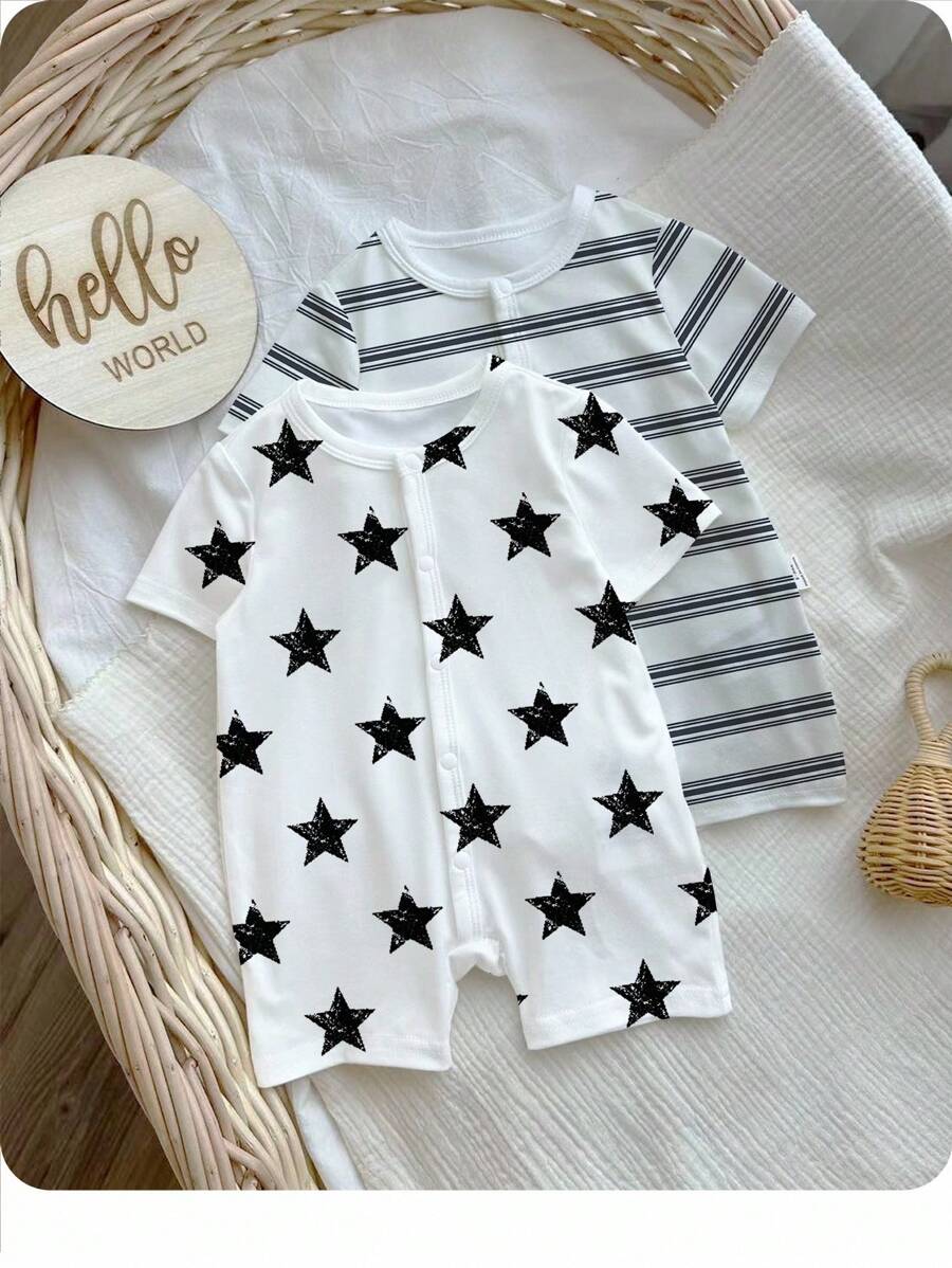 SHEIN 新生儿男女款图案印花连体衣，适合夏季