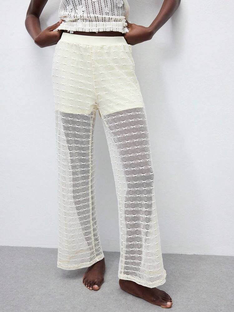 SHEIN Maija Calça de Perna Reta de Cintura Elástica com Bolso Lateral Transparente de Renda, Estilo Boêmio Primavera/Verão 2025, Adequada para Convidado de Casamento, Brunch, Aeroporto, Festa Diária, Festival de Música