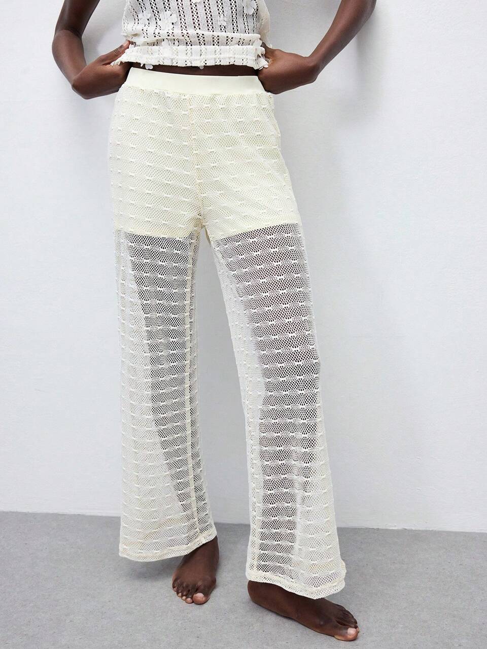 SHEIN Maija Pantalones rectos de cintura elástica con bolsillos laterales transparentes de encaje, estilo bohemio, nueva colección Primavera/Verano 2025, aptos para invitados de boda, brunch, aeropuerto, fiestas diarias, festivales de música