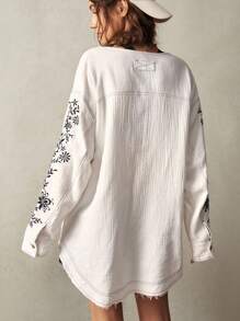 Bohemela Áo sơ mi cổ khoét thêu họa tiết cây cỡ lớn dành cho kỳ nghỉ - trắng - Xem 5