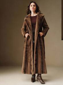 Anewsta 女士优雅翻领双色仿皮草束腰长款冬季外套 - 棕色 - 查看 5