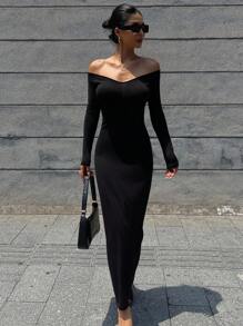 DAZY Women V-Neck Long Sleeve Waist-Cinched Mid-Length Dress,Fall Dress Off Shoulder Top - Black - View 5