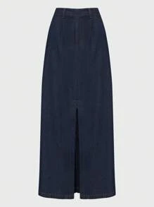 Daynim 女式休闲开衩长款牛仔裙 - 深色水洗藍 - 查看 6