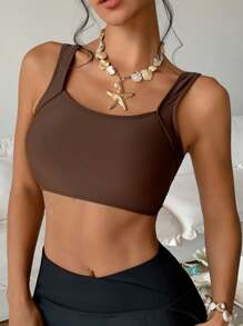 DAZY Women Sexy Criss Cross Backless U-Neck Cropped Camisole Top - Brown - View 1