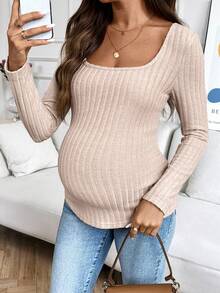 SHEIN قميص كاجوال بأكمام طويلة من قماش ناعم للسيدات الحوامل، لون أحادي، بقصة ضيقة مناسب للاستخدام اليومي - كاكي - مشاهدة 4