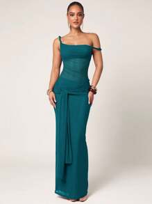 Silquee 女式纯色前结鱼尾下摆修身优雅连衣裙 - 水鴨藍 - 查看 3