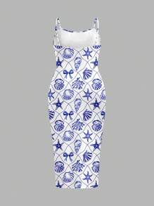 Veykashi 大码女式吊带紧身连衣裙，蝴蝶和贝壳海洋印花，适合休闲度假
