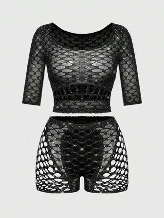 ROMWE Avant Conjunto de lencería sexy para mujer con decoración de strass y malla elástica de diseño moderno y vanguardista