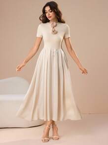 Modelyn 女士纯色 3D 花卉装饰短袖优雅中长连衣裙 - 棕色 - 查看 3
