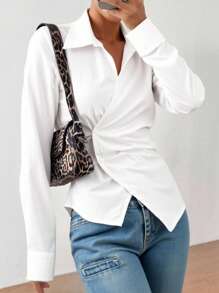 Tween Girls Casual Solid Color Asymmetric Hem Long Sleeve Shirt - White - View 1