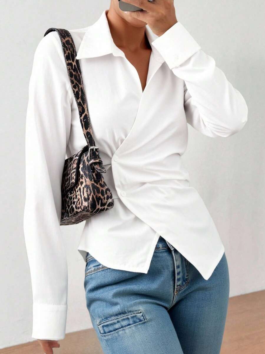 Tween Girls Casual Solid Color Asymmetric Hem Long Sleeve Shirt - White - View 1