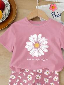 SHEIN Happikins Baby Girl Casual Minimalist Round Neck Short Sleeve T-Shirt And Fitted Shorts Set, Suitable For Spring/Summer - Multicolor - View 4