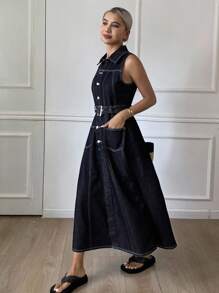 DAZY 女士休闲无袖收腰A字连衣裙，撞色拼接牛仔夏季度假连衣裙 - 藍色 - 查看 4