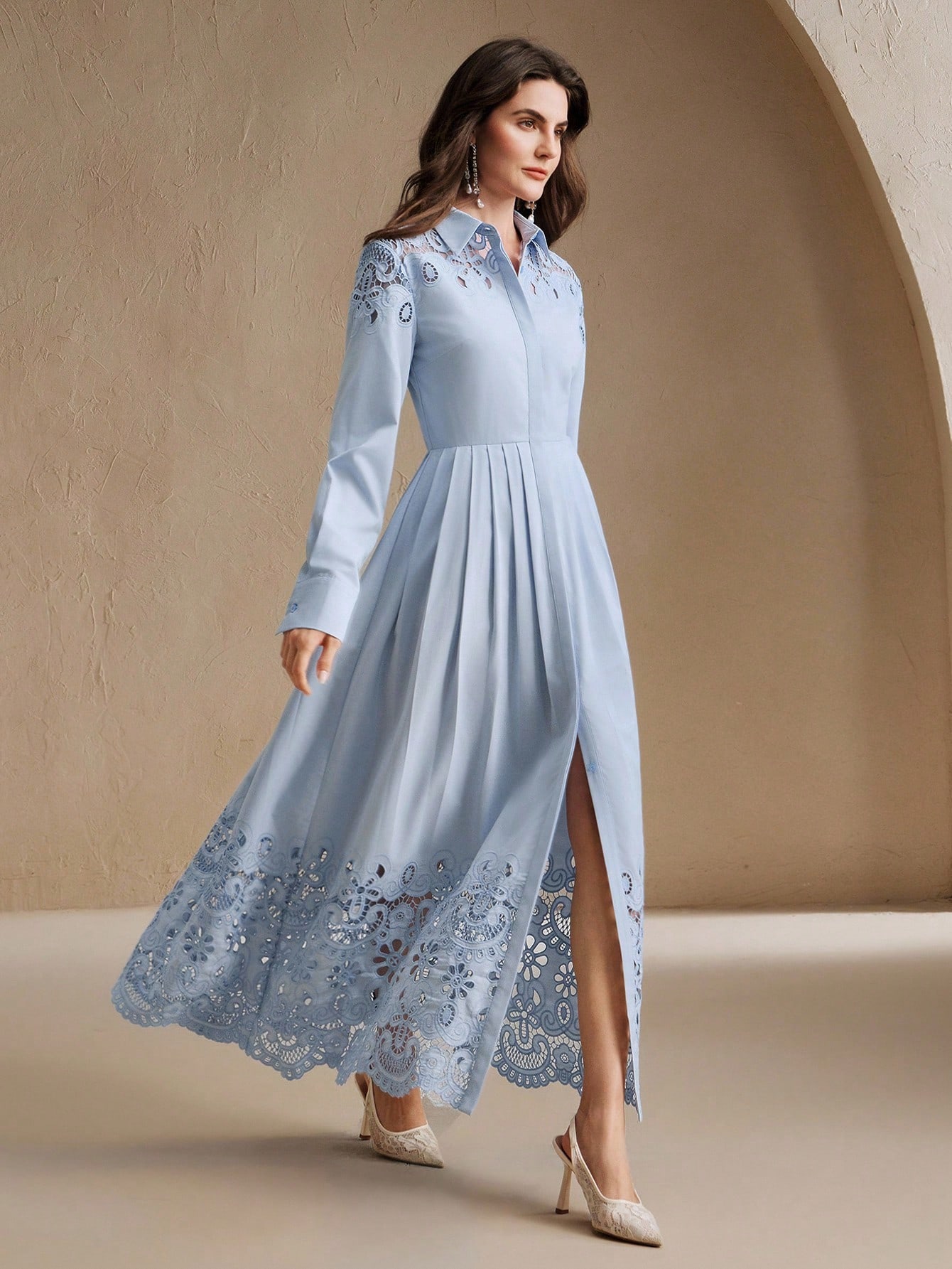 Anewsta فستان أنيق للنساء بأكمام طويلة وياقة على ش...