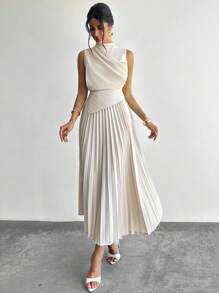 Firerie 女士优雅荷叶边无袖A字连衣裙/伞裙/返校季/学生装/派对/老钱风/外出装/派对装/办公室装/仿杏色半身裙 - 杏色 - 查看 9