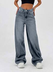 EURMUSE 100% Cotton HIGH RISE WIDELEG FIT VINTAGE WASH WOMEN BAGGY JEANS - Light Wash - View 5