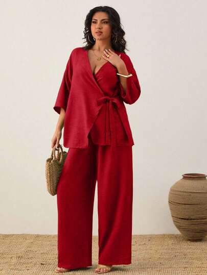 EURMUSE Women's Plain Casual Asymmetric Short Sleeve Top And Casual Wide Leg Pants