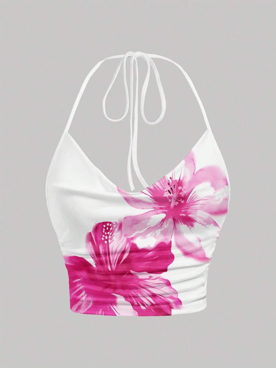 SHEIN EZwear 休闲简约粉色印花系带领镂空修身衬衫,夏季百搭 - 彩色 - 查看 1