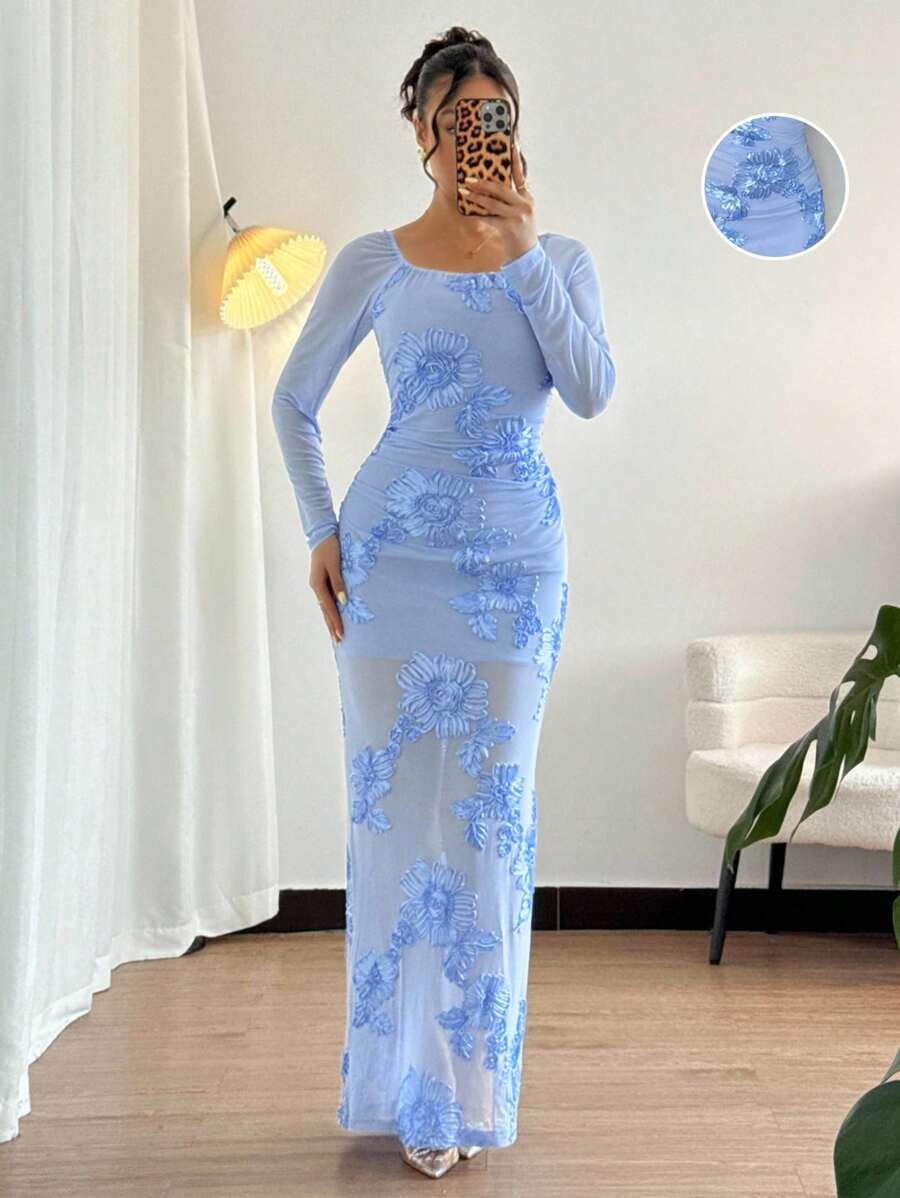 Rafferiza 女式优雅纹理荷叶边细节侧开衩修身连衣裙，春夏 - 藍色 - 查看 1