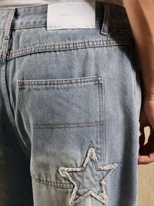 Calça Denim Larga Super Folgada da SUMWON com Bordado de Estrela, Caimento Solto, Moda Casual, Declaração de Estilo, Perna Larga, Streetwear, Festival, Concerto, Estética Moderna Grunge Y2K, Lisa - Azul - Visão 8