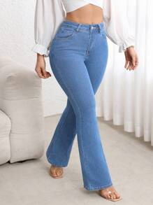 Flexra 加大码高腰修身喇叭腿水洗深蓝色牛仔裤 - 淺色水洗藍 - 查看 3