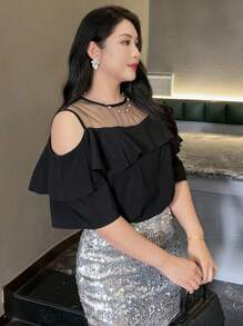 Dazy Plus 大码夏季优雅网眼拼布荷叶边露肩衬衫 - 黑色 - 查看 3