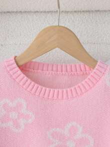 SHEIN Áo len dệt kim Jacquard họa tiết thời trang cho bé gái tuổi teen, áo dài tay cơ bản - Hồng - Xem 4