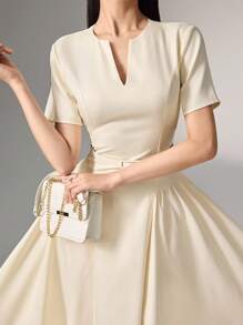 Heiryn V-Neck, Pleated, Waist Gathered Korean Style Commute Dress, Short Sleeve, Summer