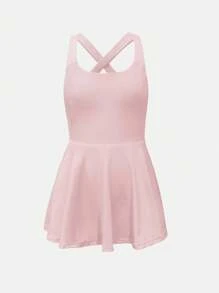 青少年女孩纯色无袖休闲交叉后背运动连衣裙，适合跑步、骑自行车、健身、篮球、足球、网球、羽毛球，四向拉伸高弹力